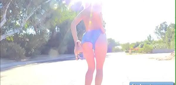  Naughty blonde young teen amateur Arya goes for a jog and masturbate in the middle of the road